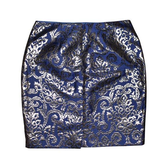 SUNNY LEIGH $68 Blue Silver Metallic Brocade Damask Pencil Skirt Size 10 - Picture 2 of 4